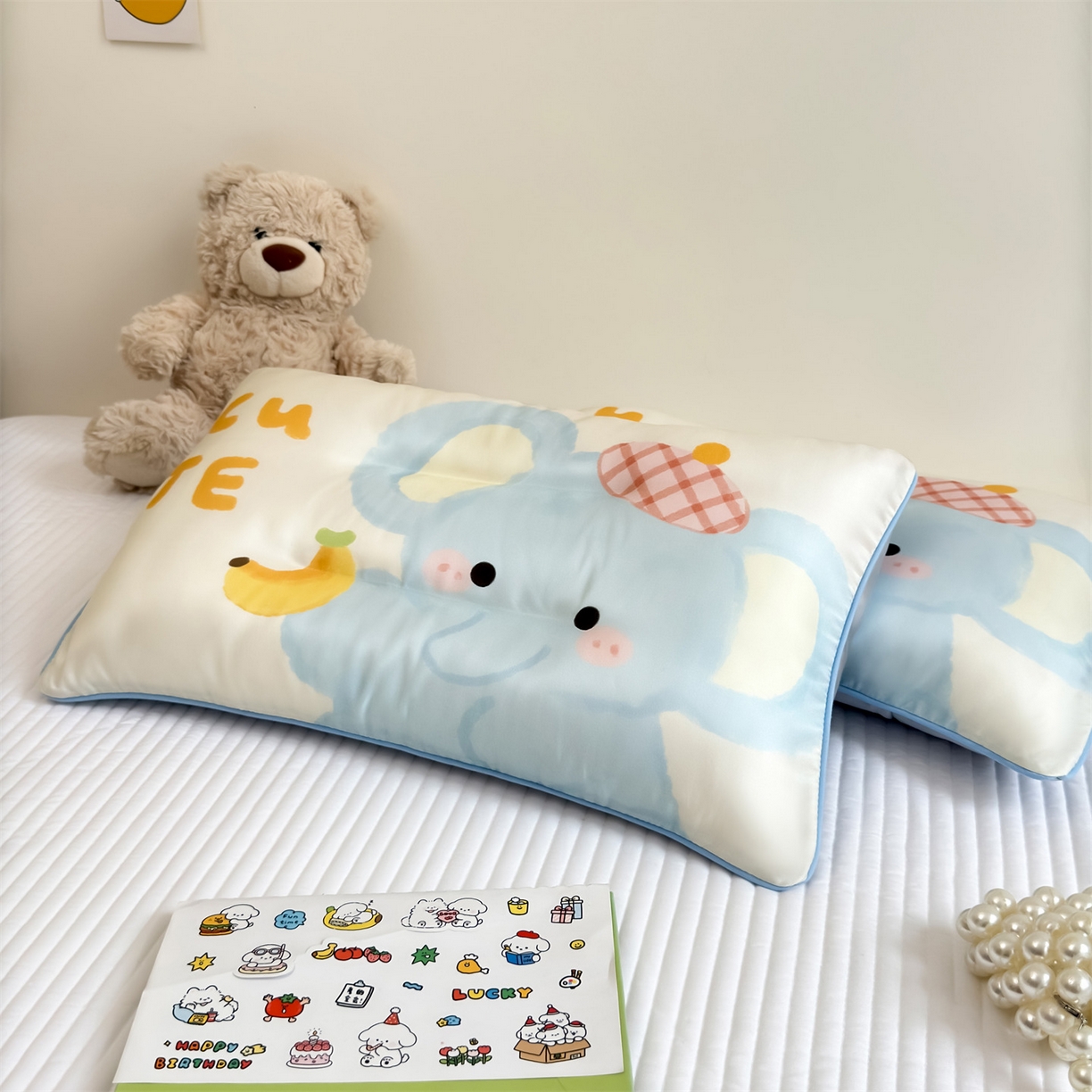 91家纺网 家纺一手货源 找家纺 雯豆家纺 2026新款60支蓝精天丝枕套儿童卡通枕芯定位大版枕头套 天丝-象嘟嘟