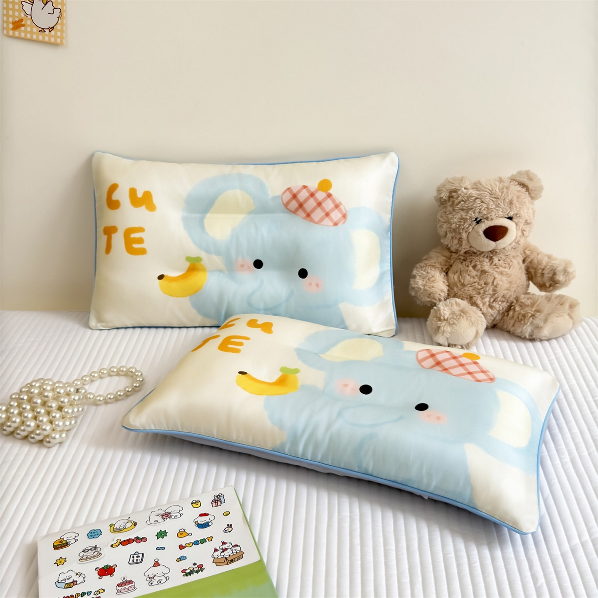 91家纺网 家纺一手货源 找家纺 雯豆家纺 2026新款60支蓝精天丝枕套儿童卡通枕芯定位大版枕头套 天丝-象嘟嘟