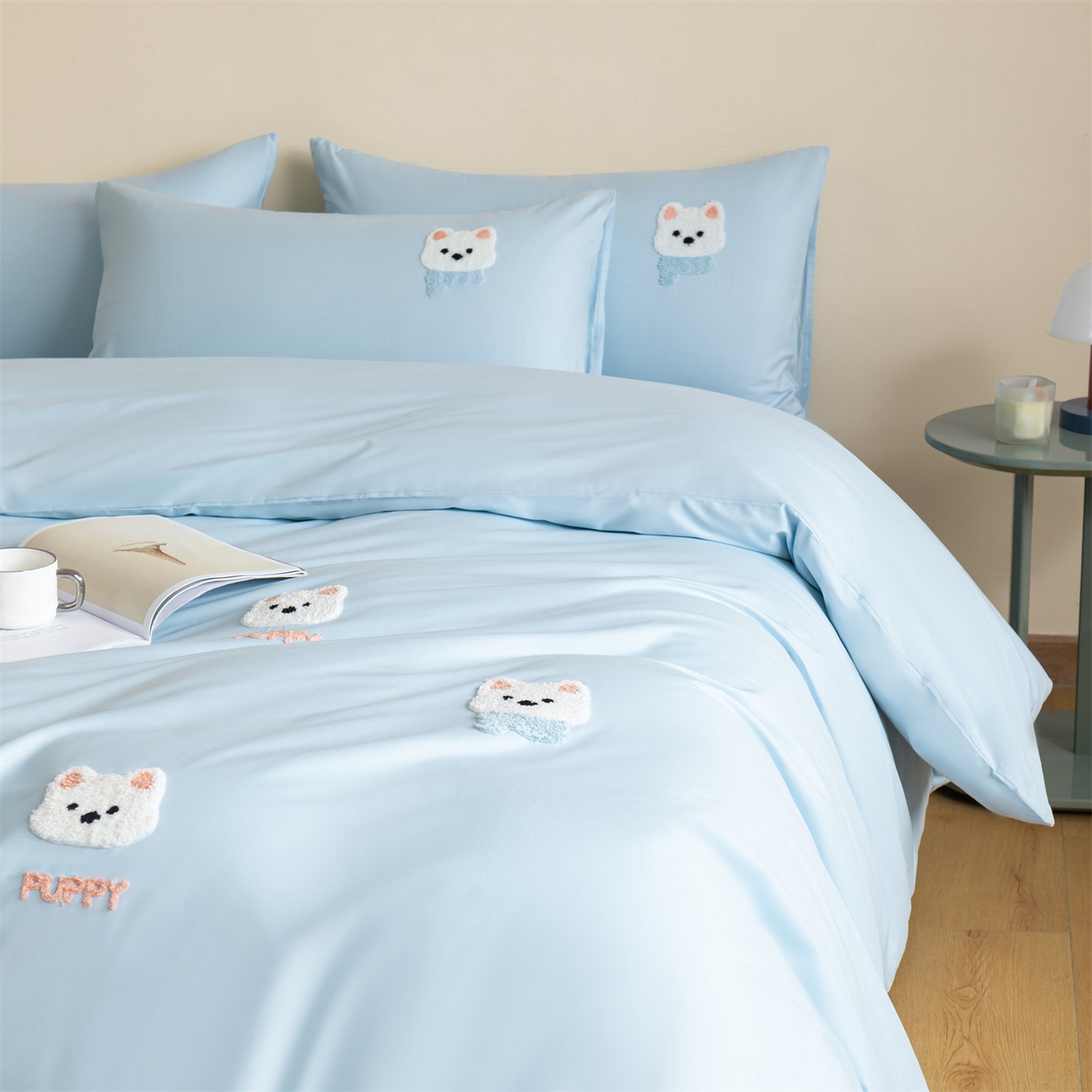 91家纺网 家纺一手货源 找家纺 857家居 2026新款全棉毛巾绣四件套 蓝调狗