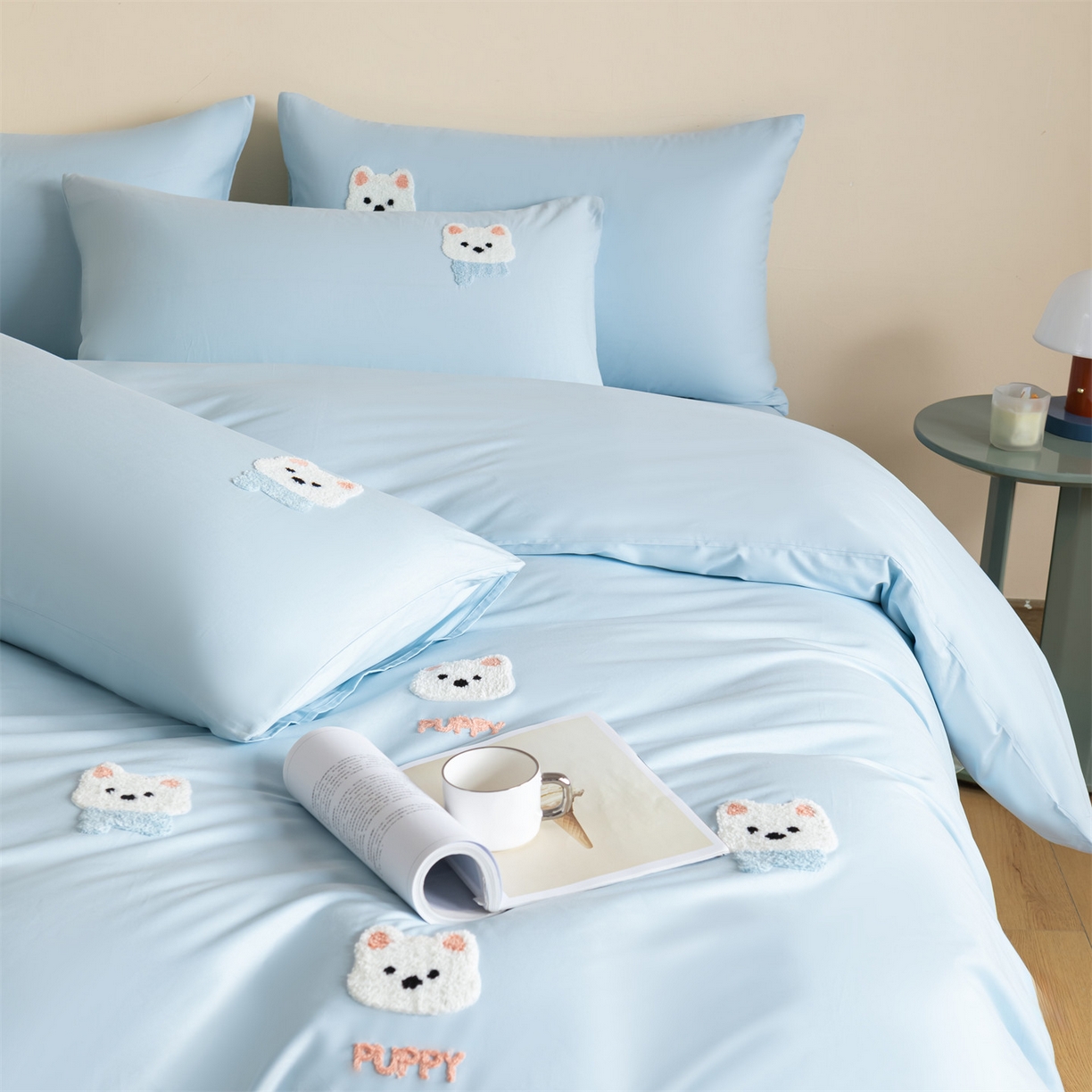 91家纺网 家纺一手货源 找家纺 857家居 2026新款全棉毛巾绣四件套 蓝调狗