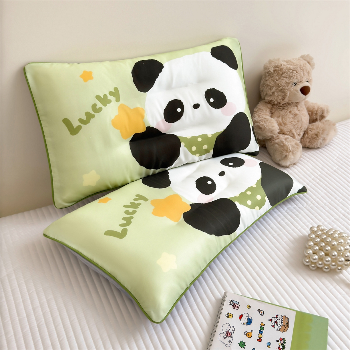 雯豆家纺 2026新款60支蓝精天丝枕套儿童卡通枕芯定位大版枕头套 天丝-熊猫花花