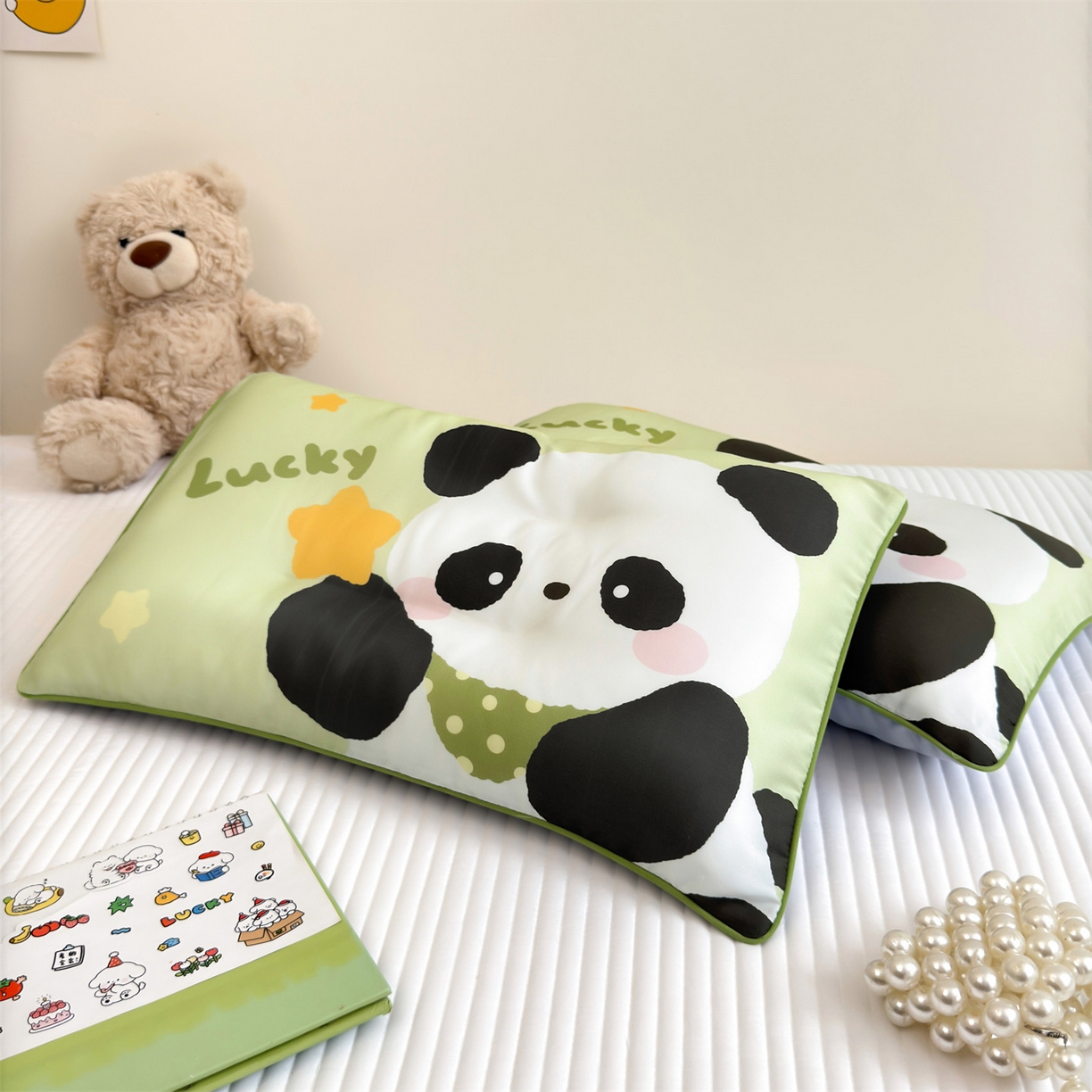 91家纺网 家纺一手货源 找家纺 雯豆家纺 2026新款60支蓝精天丝枕套儿童卡通枕芯定位大版枕头套 天丝-熊猫花花