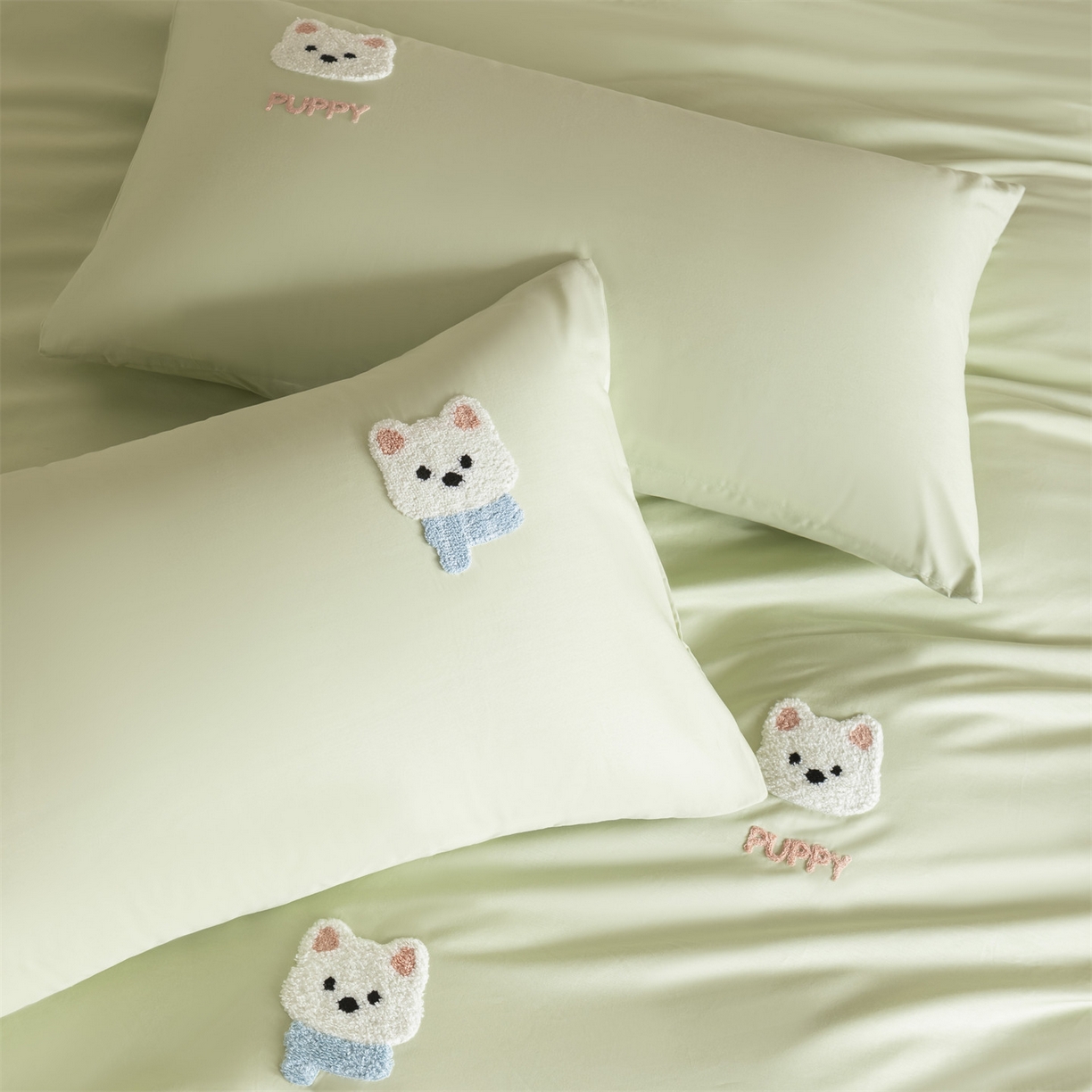 91家纺网 家纺一手货源 找家纺 857家居 2026新款全棉毛巾绣四件套 奶绿狗