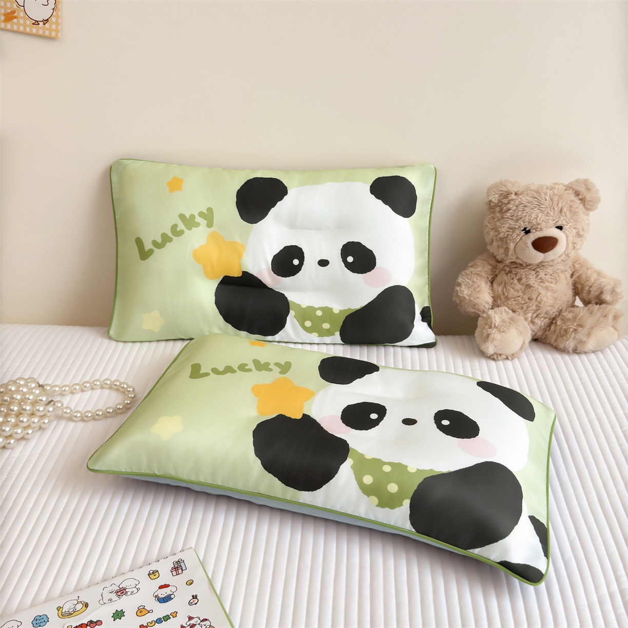 91家纺网 家纺一手货源 找家纺 雯豆家纺 2026新款60支蓝精天丝枕套儿童卡通枕芯定位大版枕头套 天丝-熊猫花花