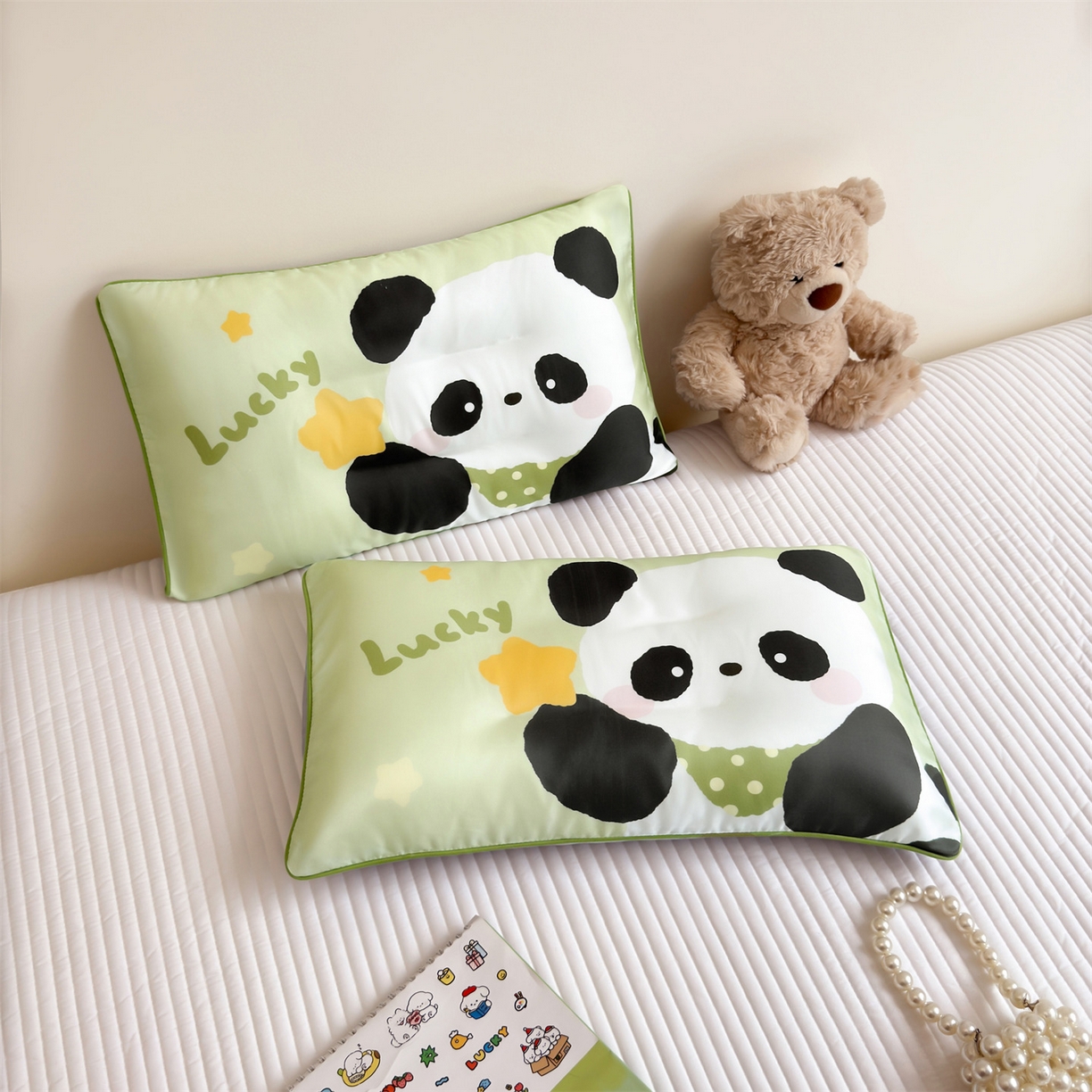 91家纺网 家纺一手货源 找家纺 雯豆家纺 2026新款60支蓝精天丝枕套儿童卡通枕芯定位大版枕头套 天丝-熊猫花花