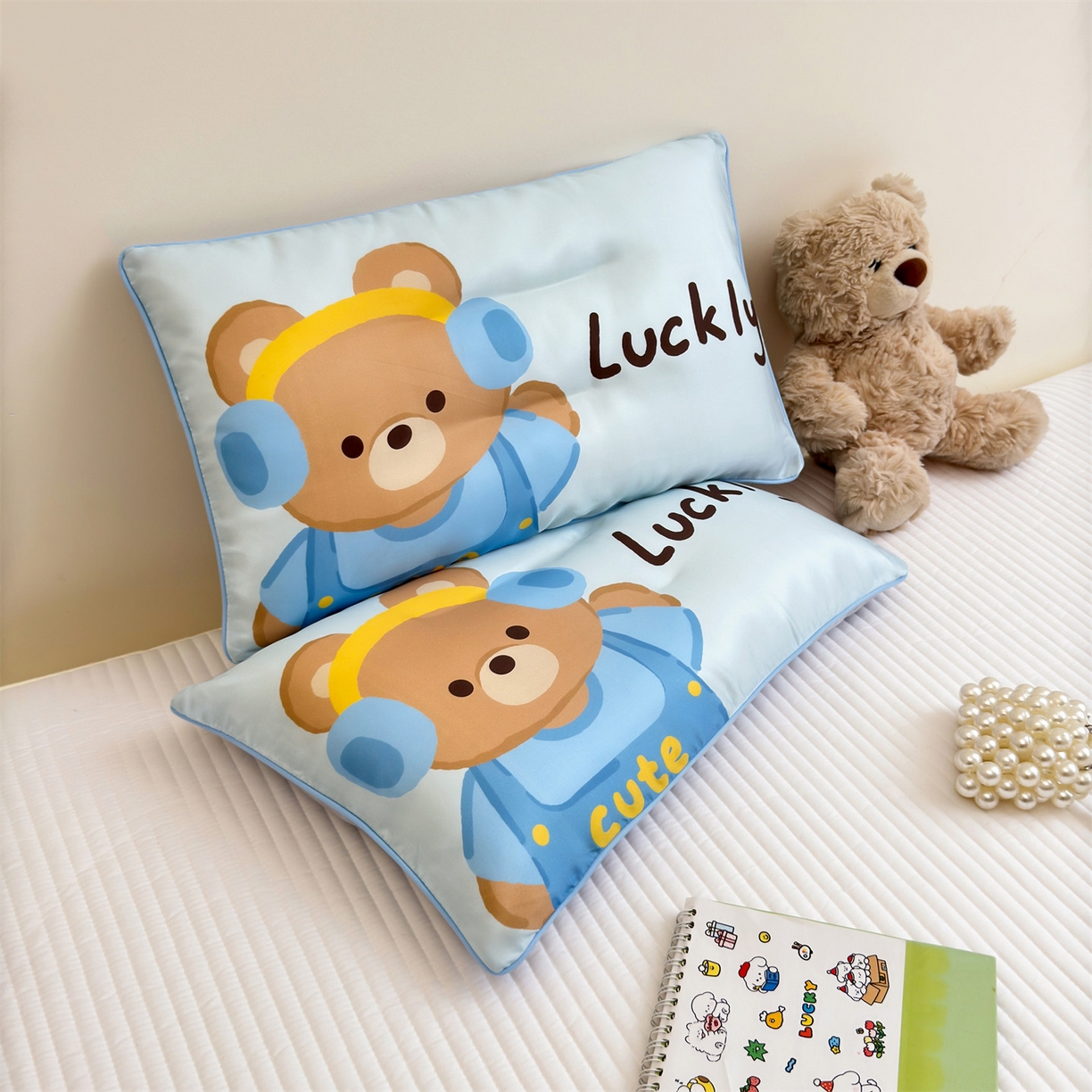 雯豆家纺 2026新款60支蓝精天丝枕套儿童卡通枕芯定位大版枕头套 天丝-音乐熊