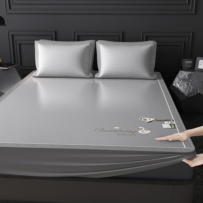 小牛席业 2026新款加厚款-满天星天鹅刺绣冰丝席系列（床笠款）凉席藤席冰藤席冰丝席竹席草席空调席乳胶席豆豆席 灰色