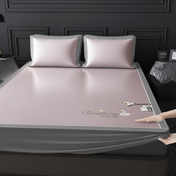 小牛席业 2026新款加厚款-满天星天鹅刺绣冰丝席系列（床笠款）凉席藤席冰藤席冰丝席竹席草席空调席乳胶席豆豆席 粉色