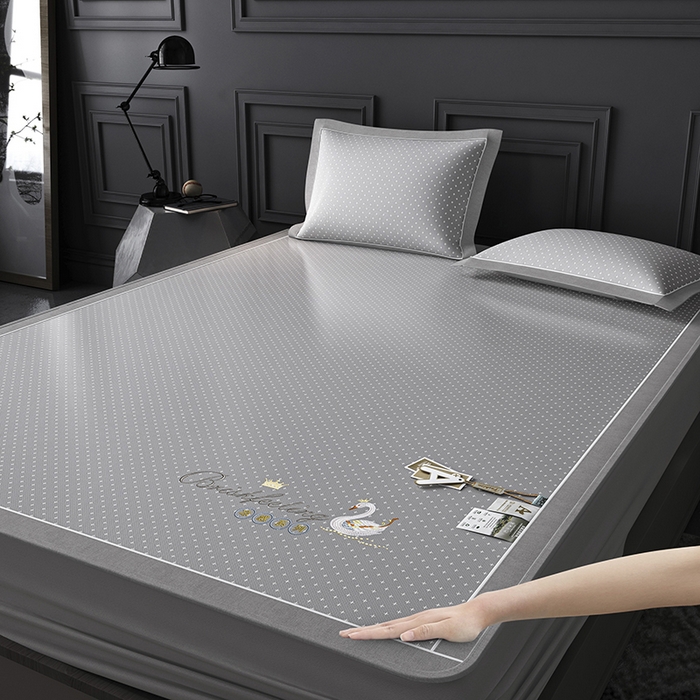 91家纺网 家纺一手货源 找家纺 小牛席业 2026新款加厚款-满天星天鹅刺绣冰丝席系列（床笠款）凉席藤席冰藤席冰丝席竹席草席空调席乳胶席豆豆席 灰色