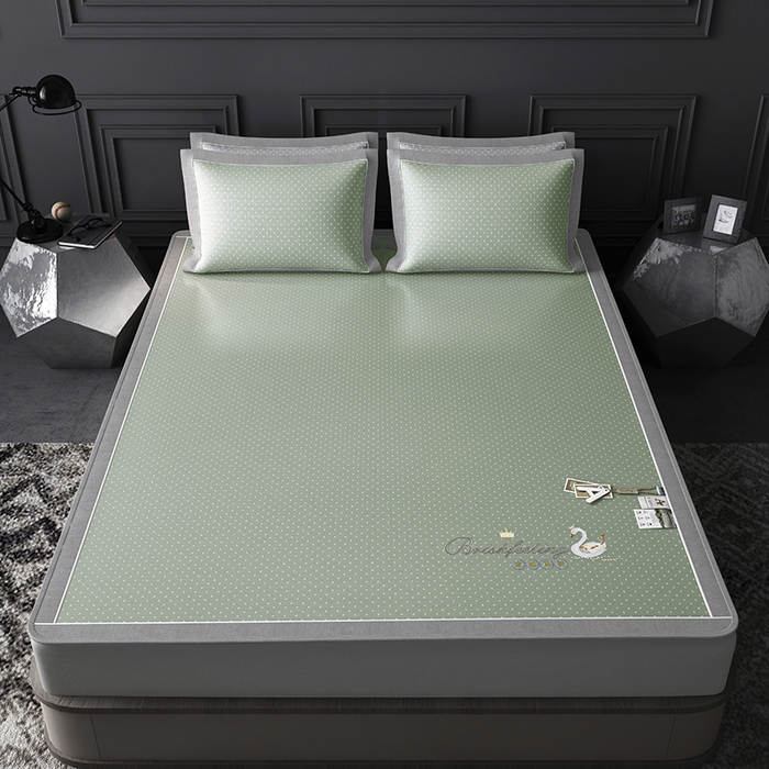 91家纺网 家纺一手货源 找家纺 小牛席业 2026新款加厚款-满天星天鹅刺绣冰丝席系列（床笠款）凉席藤席冰藤席冰丝席竹席草席空调席乳胶席豆豆席 绿色