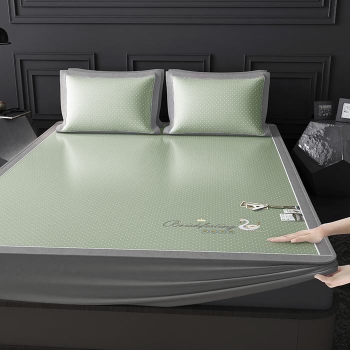 小牛席业 2026新款加厚款-满天星天鹅刺绣冰丝席系列（床笠款）凉席藤席冰藤席冰丝席竹席草席空调席乳胶席豆豆席 绿色