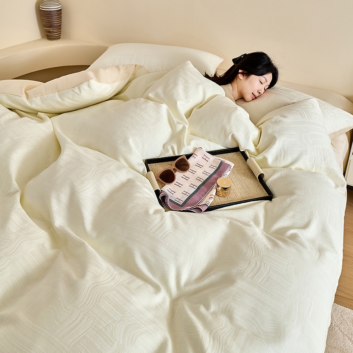 91家纺网 家纺一手货源 找家纺 九沐良品 2026新款A类60支全棉纯棉贡缎大提花四件套 幻纤影-米白