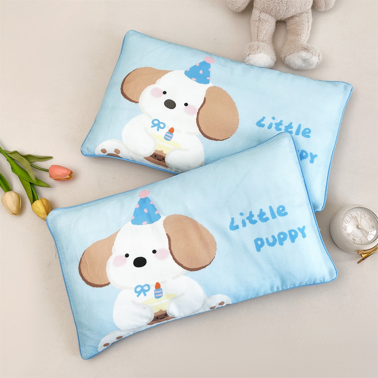 雯豆家纺 2026新款全棉双层纱布枕套儿童卡通枕芯定位纯棉大版枕头套 双层纱-欢乐小狗