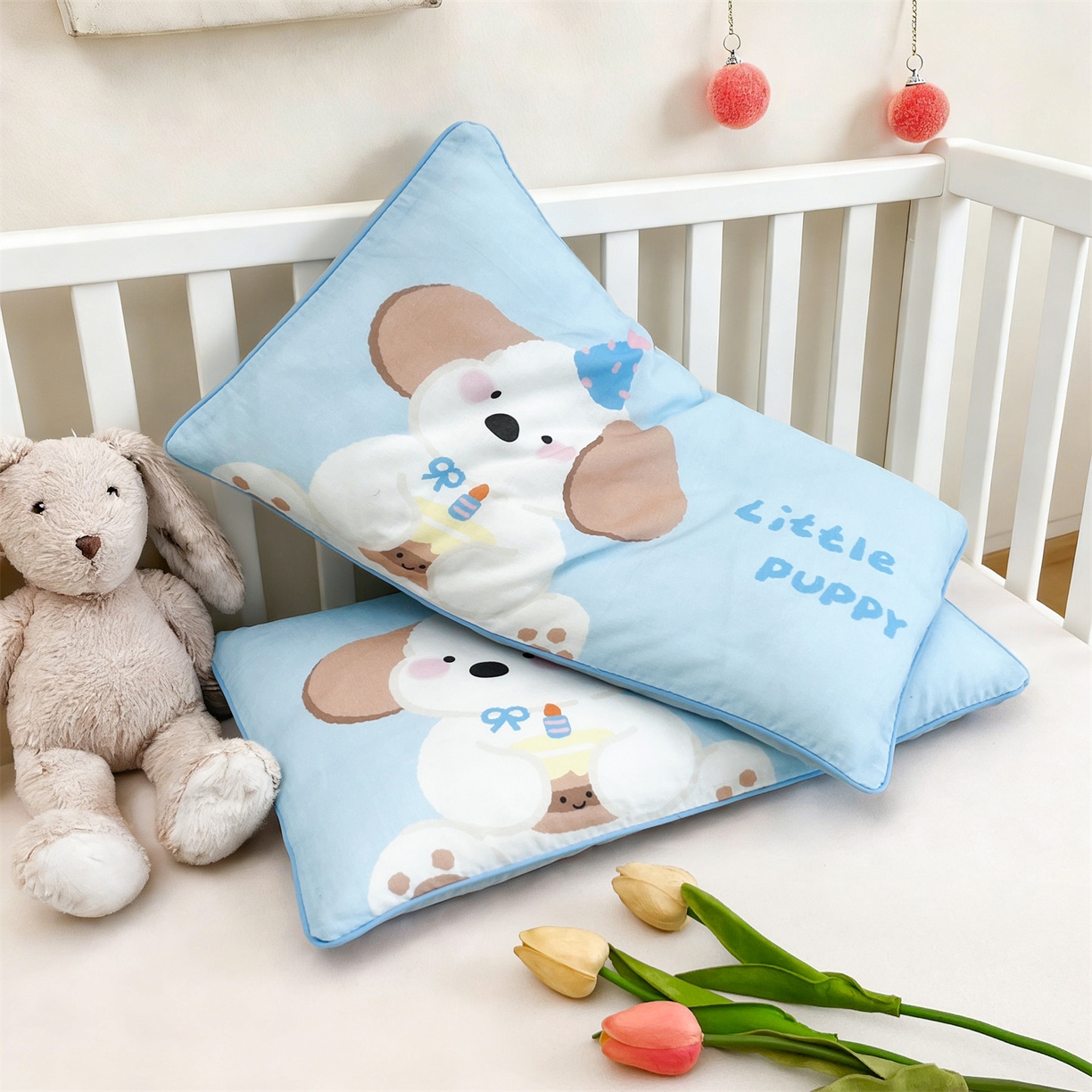 91家纺网 家纺一手货源 找家纺 雯豆家纺 2026新款全棉双层纱布枕套儿童卡通枕芯定位纯棉大版枕头套 双层纱-欢乐小狗