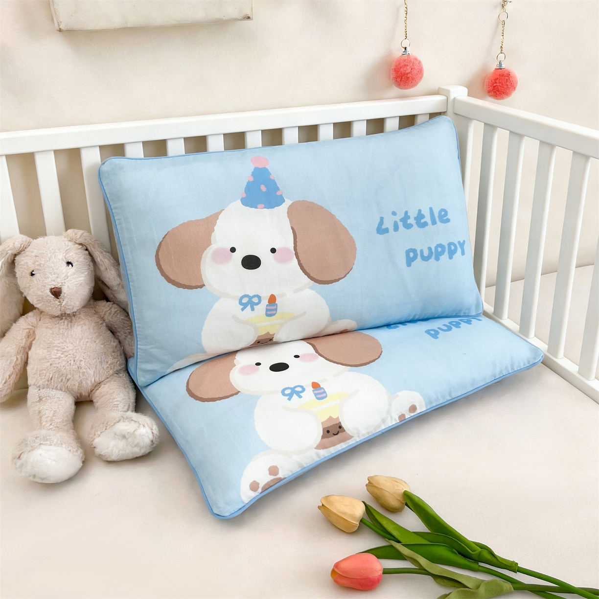 91家纺网 家纺一手货源 找家纺 雯豆家纺 2026新款全棉双层纱布枕套儿童卡通枕芯定位纯棉大版枕头套 双层纱-欢乐小狗