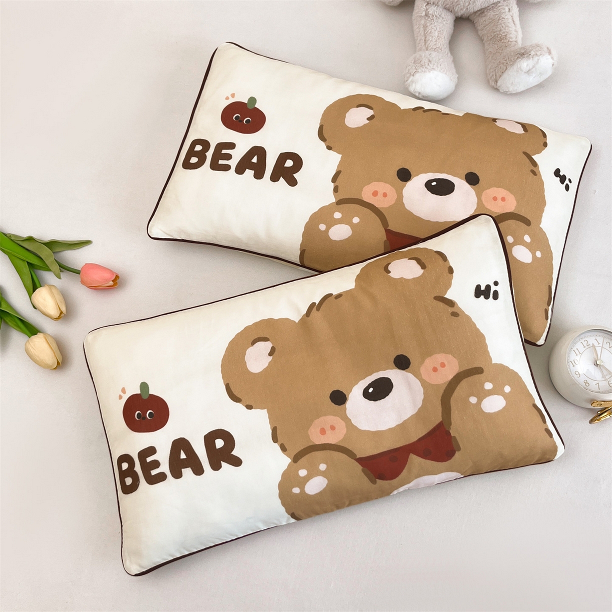雯豆家纺 2026新款全棉双层纱布枕套儿童卡通枕芯定位纯棉大版枕头套 双层纱-快乐熊
