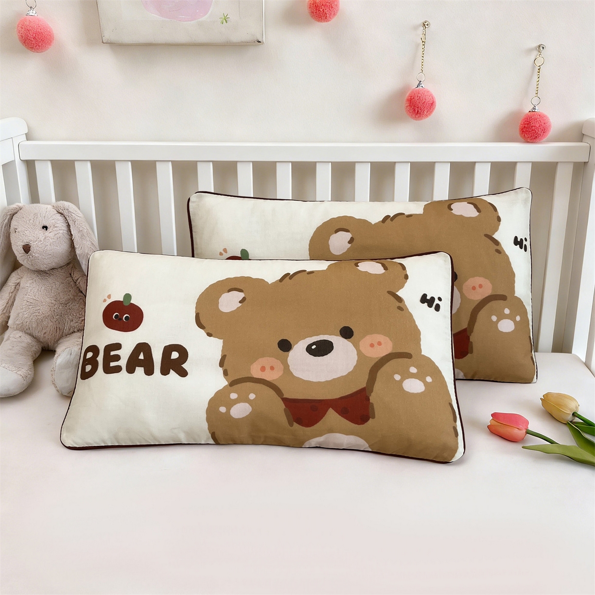 91家纺网 家纺一手货源 找家纺 雯豆家纺 2026新款全棉双层纱布枕套儿童卡通枕芯定位纯棉大版枕头套 双层纱-快乐熊