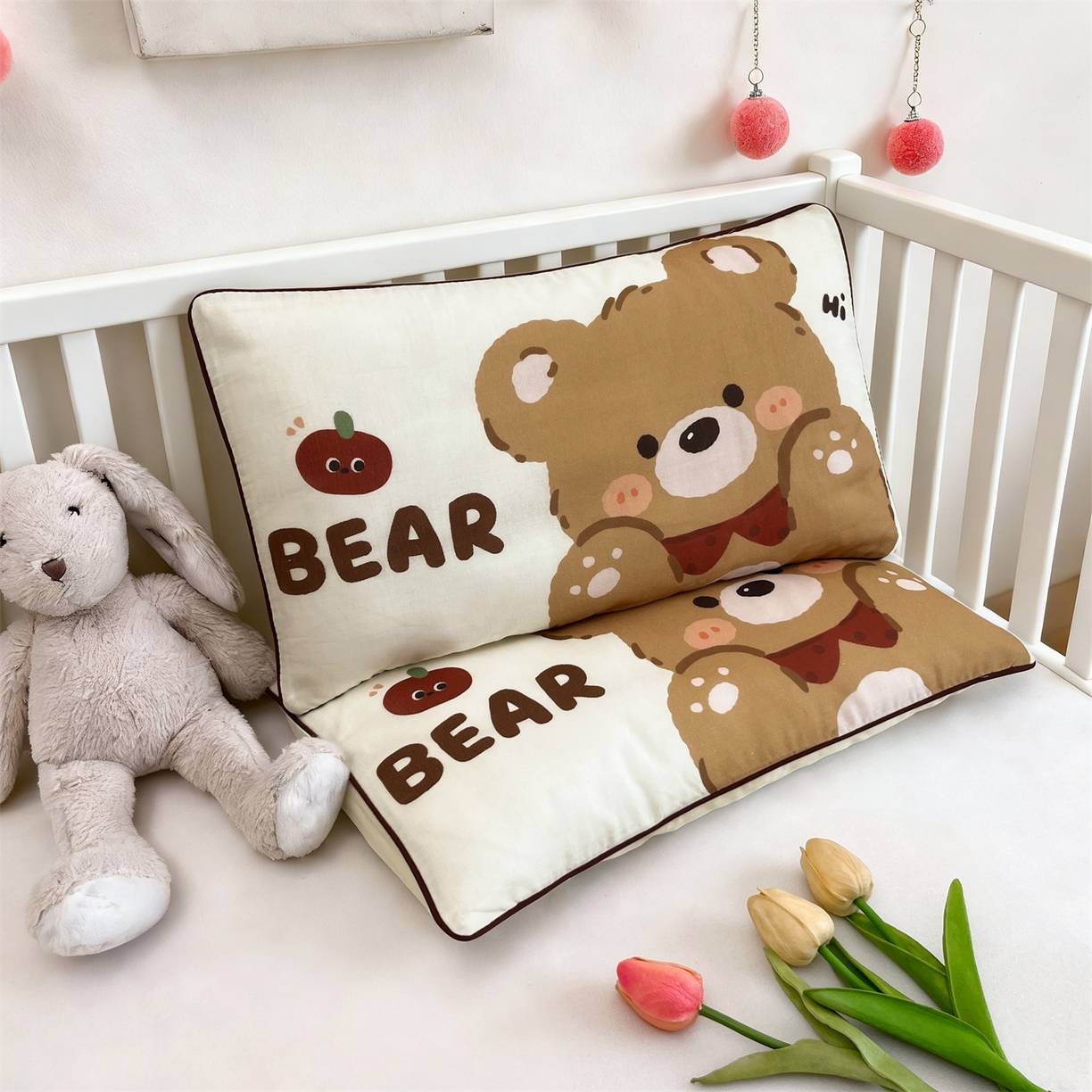 91家纺网 家纺一手货源 找家纺 雯豆家纺 2026新款全棉双层纱布枕套儿童卡通枕芯定位纯棉大版枕头套 双层纱-快乐熊