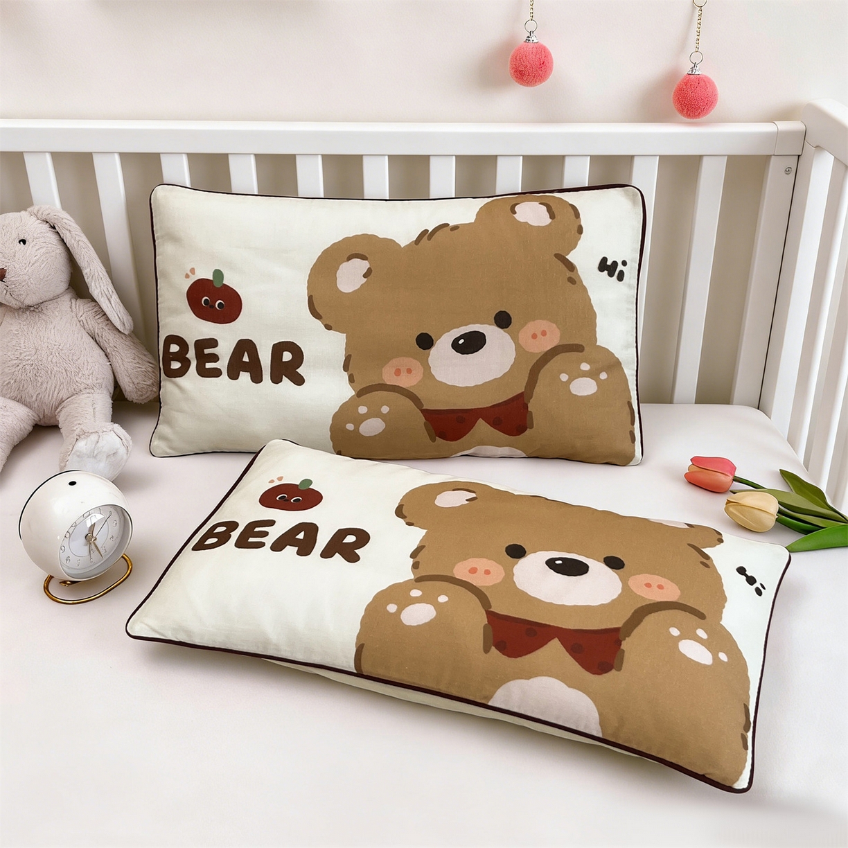 91家纺网 家纺一手货源 找家纺 雯豆家纺 2026新款全棉双层纱布枕套儿童卡通枕芯定位纯棉大版枕头套 双层纱-快乐熊