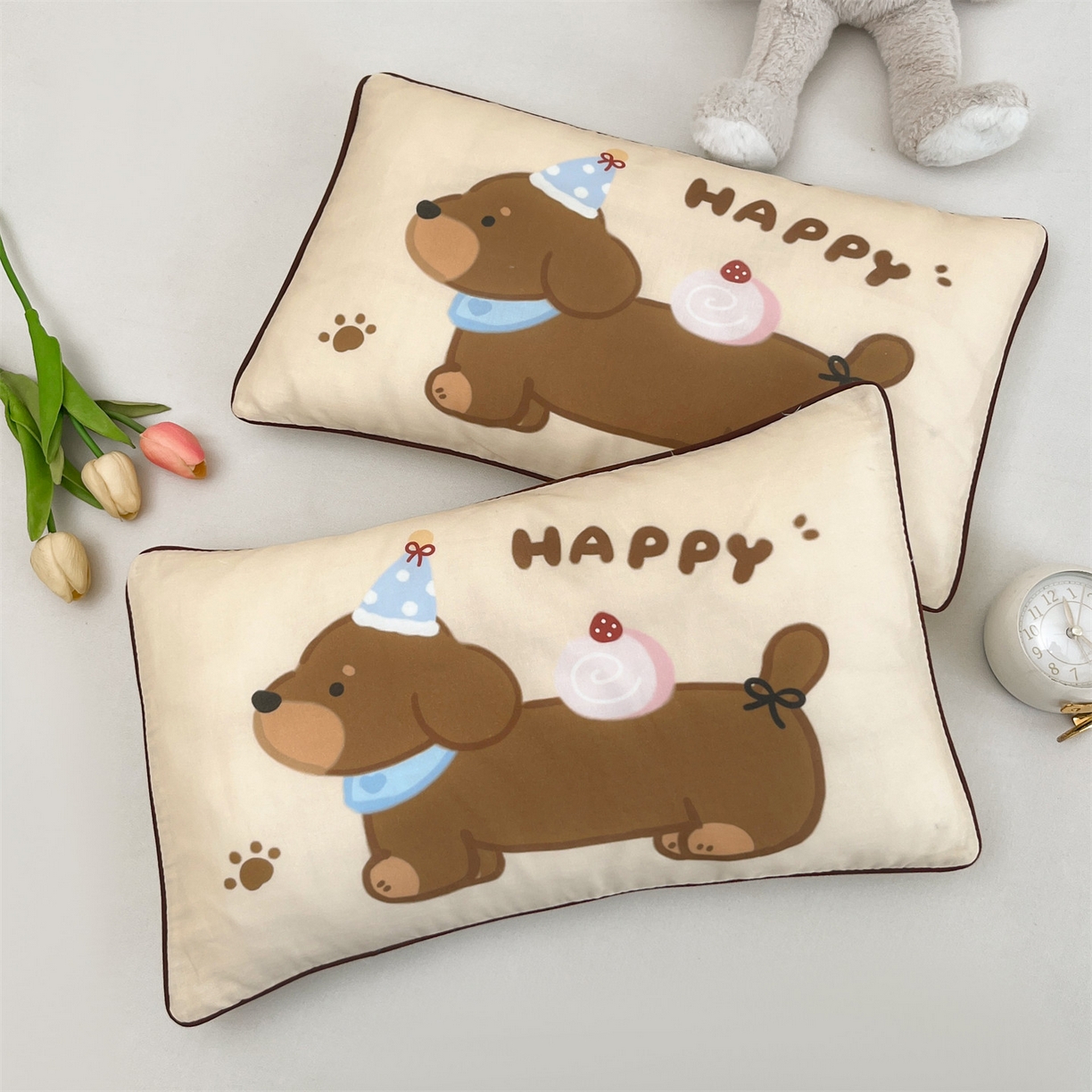 雯豆家纺 2026新款全棉双层纱布枕套儿童卡通枕芯定位纯棉大版枕头套 双层纱-腊肠狗