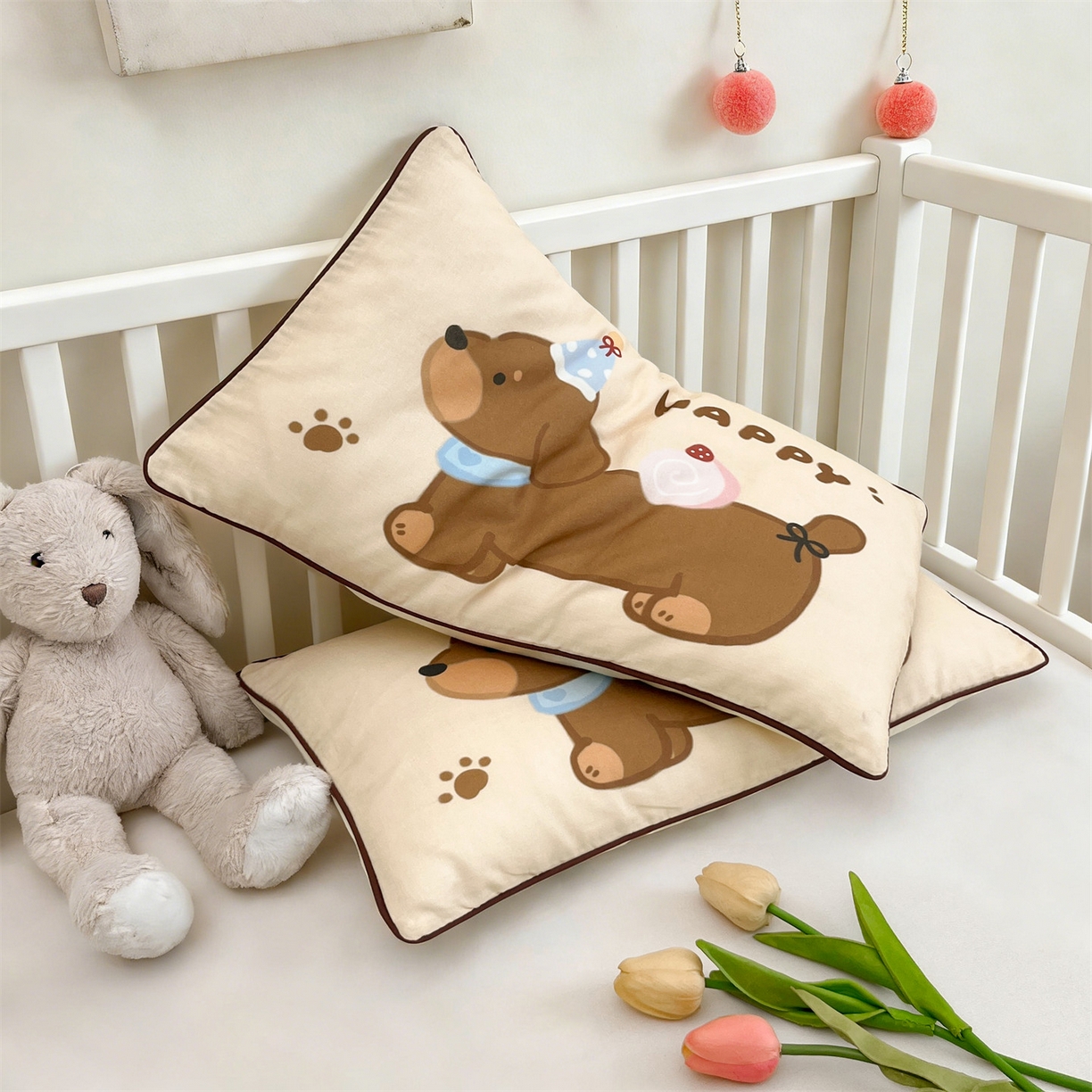 91家纺网 家纺一手货源 找家纺 雯豆家纺 2026新款全棉双层纱布枕套儿童卡通枕芯定位纯棉大版枕头套 双层纱-腊肠狗