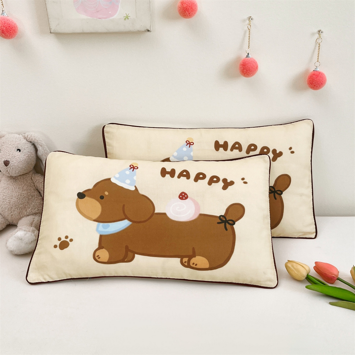 91家纺网 家纺一手货源 找家纺 雯豆家纺 2026新款全棉双层纱布枕套儿童卡通枕芯定位纯棉大版枕头套 双层纱-腊肠狗
