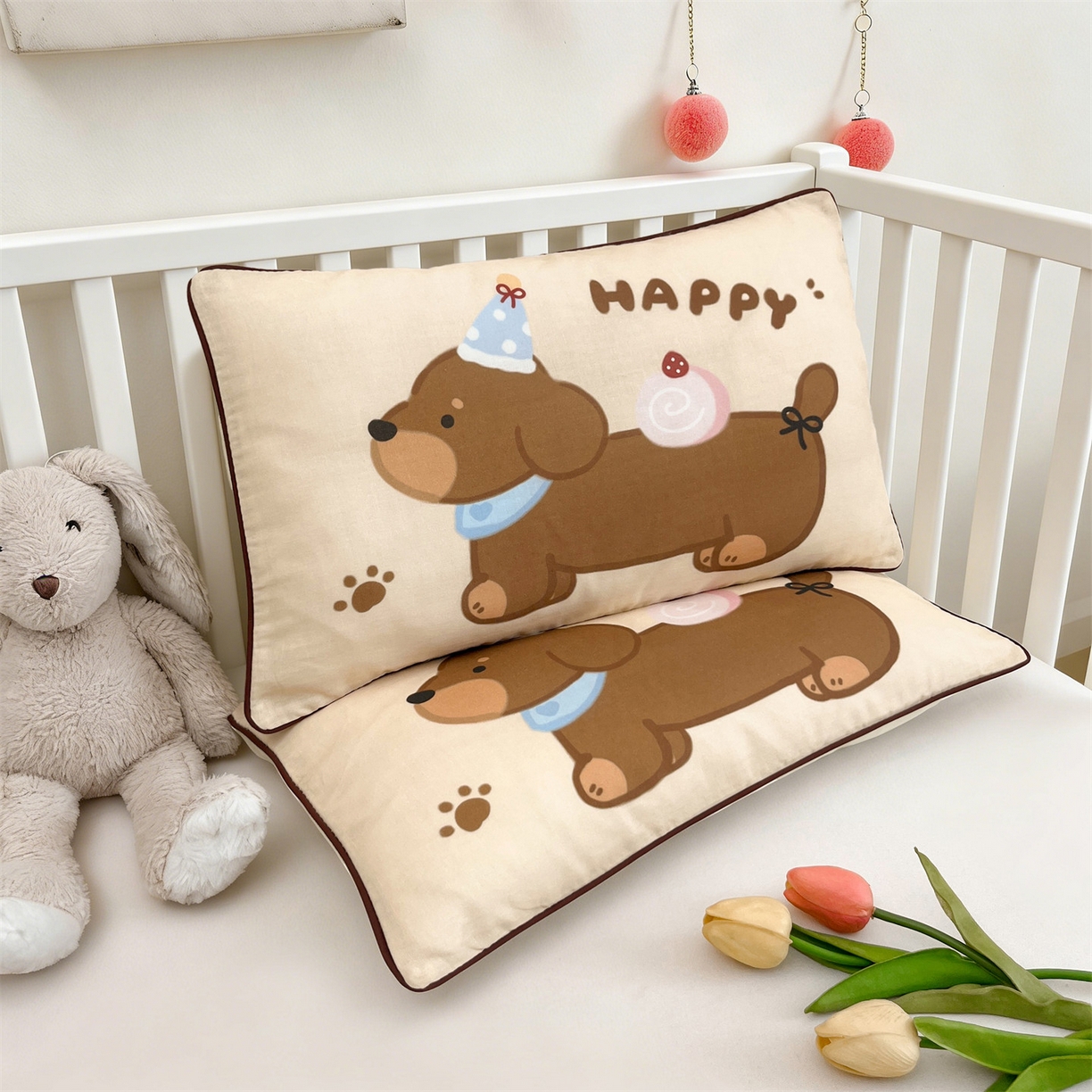 91家纺网 家纺一手货源 找家纺 雯豆家纺 2026新款全棉双层纱布枕套儿童卡通枕芯定位纯棉大版枕头套 双层纱-腊肠狗