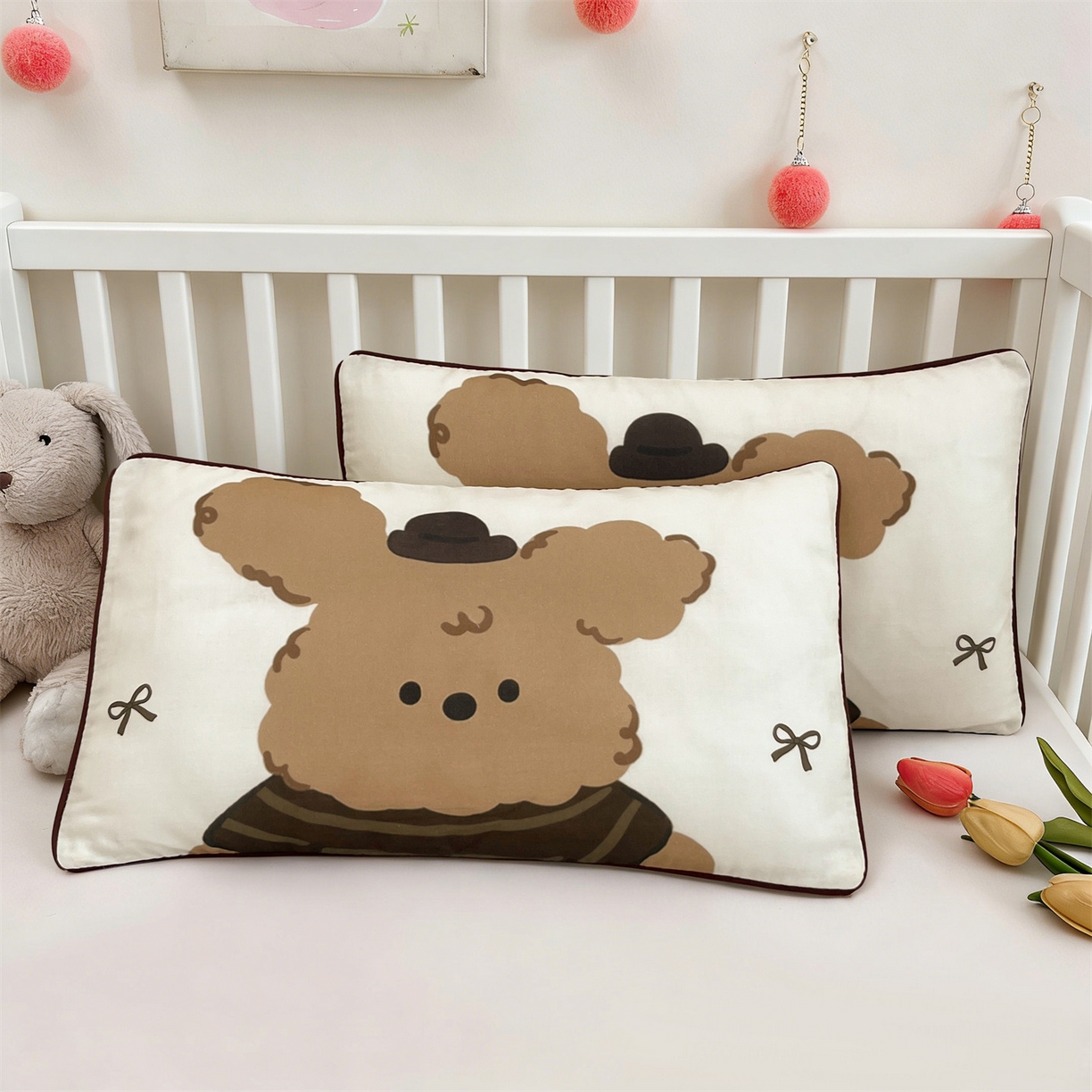 91家纺网 家纺一手货源 找家纺 雯豆家纺 2026新款全棉双层纱布枕套儿童卡通枕芯定位纯棉大版枕头套 双层纱-萌萌狗