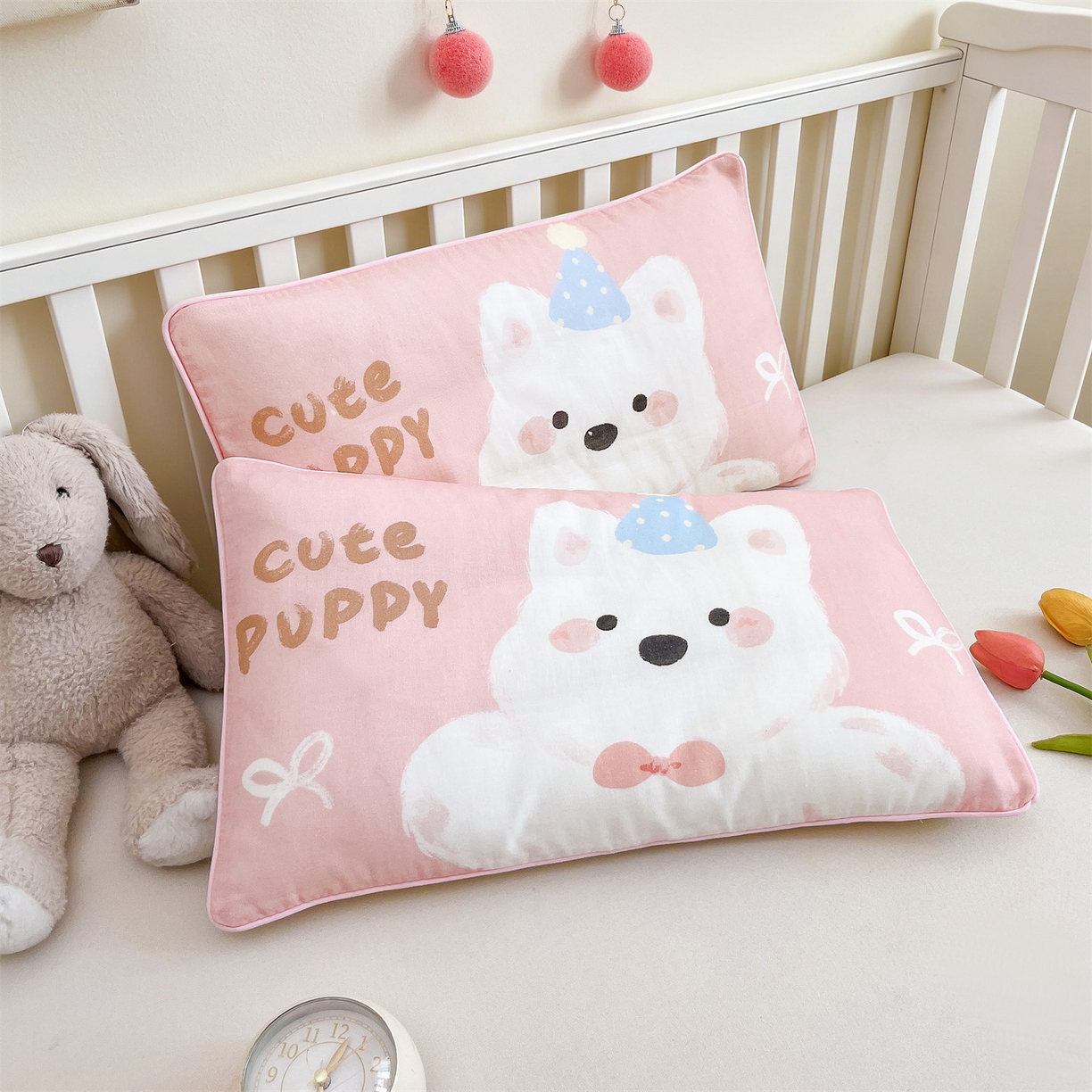 91家纺网 家纺一手货源 找家纺 雯豆家纺 2026新款全棉双层纱布枕套儿童卡通枕芯定位纯棉大版枕头套 双层纱-泡芙西高地