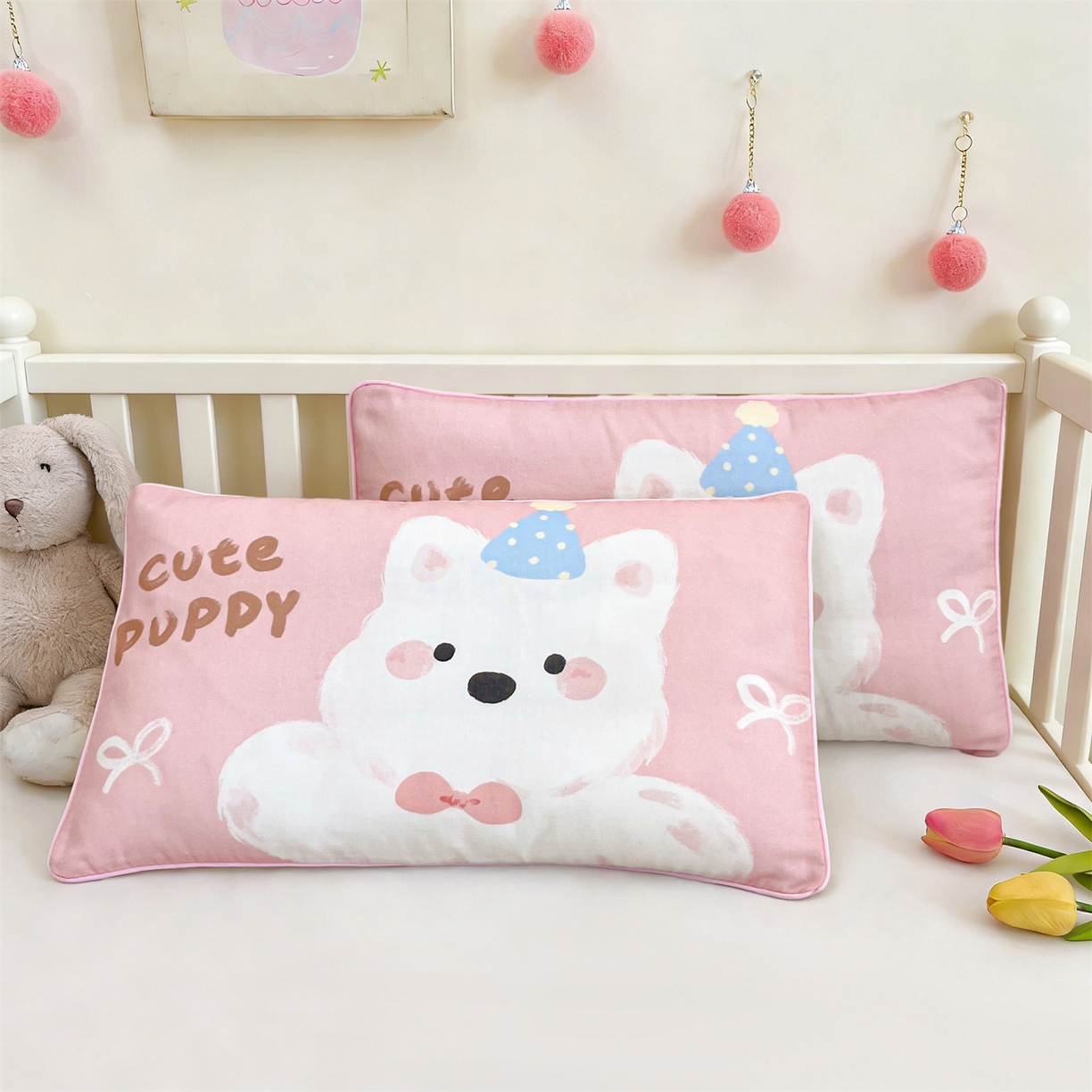 91家纺网 家纺一手货源 找家纺 雯豆家纺 2026新款全棉双层纱布枕套儿童卡通枕芯定位纯棉大版枕头套 双层纱-泡芙西高地