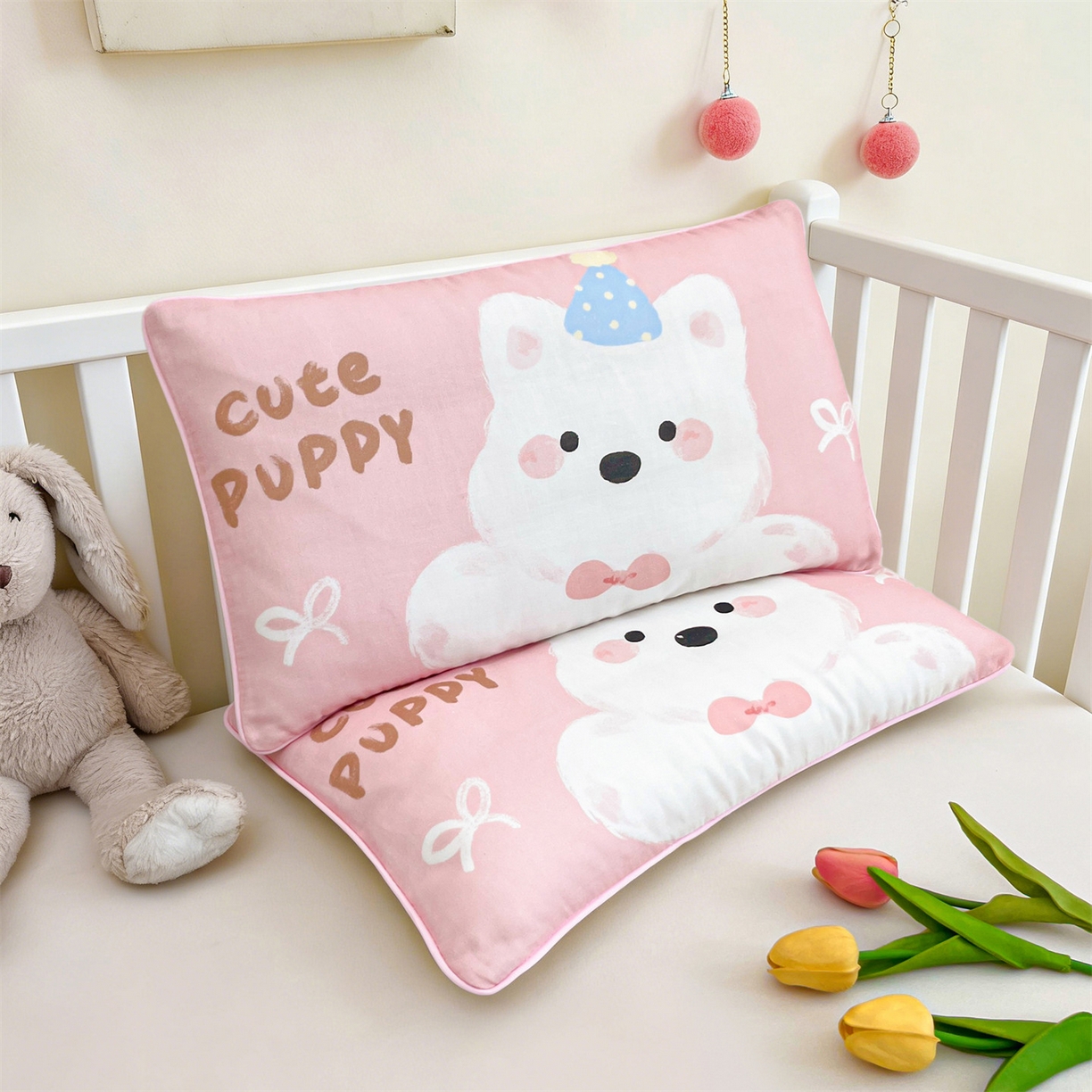 91家纺网 家纺一手货源 找家纺 雯豆家纺 2026新款全棉双层纱布枕套儿童卡通枕芯定位纯棉大版枕头套 双层纱-泡芙西高地