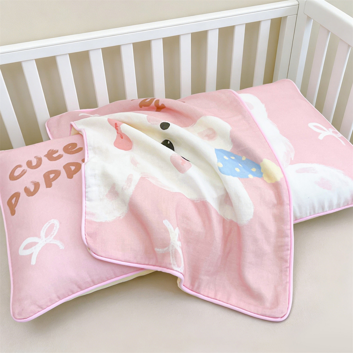 91家纺网 家纺一手货源 找家纺 雯豆家纺 2026新款全棉双层纱布枕套儿童卡通枕芯定位纯棉大版枕头套 双层纱-泡芙西高地