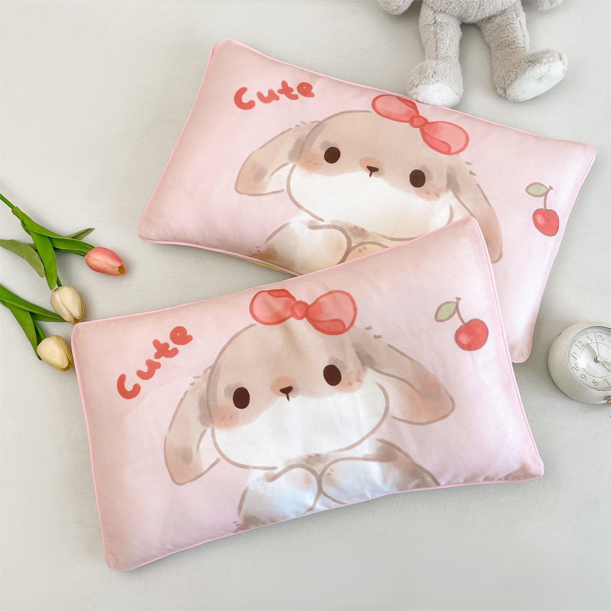 雯豆家纺 2026新款全棉双层纱布枕套儿童卡通枕芯定位纯棉大版枕头套 双层纱-甜甜兔