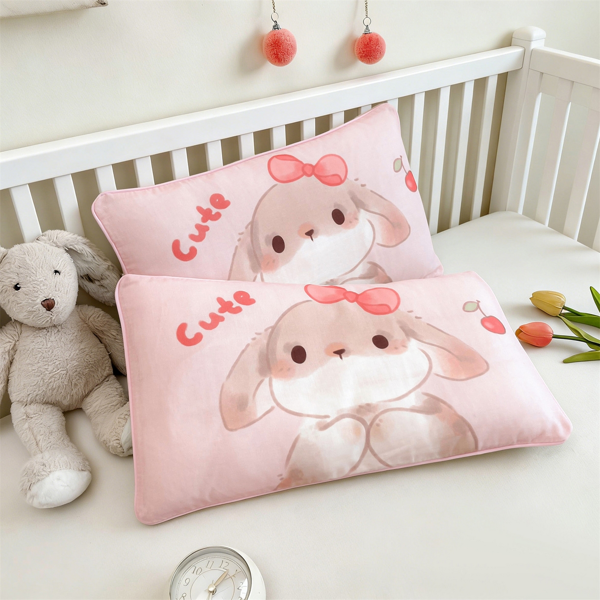 91家纺网 家纺一手货源 找家纺 雯豆家纺 2026新款全棉双层纱布枕套儿童卡通枕芯定位纯棉大版枕头套 双层纱-甜甜兔