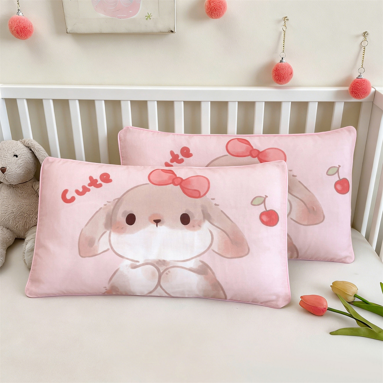 91家纺网 家纺一手货源 找家纺 雯豆家纺 2026新款全棉双层纱布枕套儿童卡通枕芯定位纯棉大版枕头套 双层纱-甜甜兔