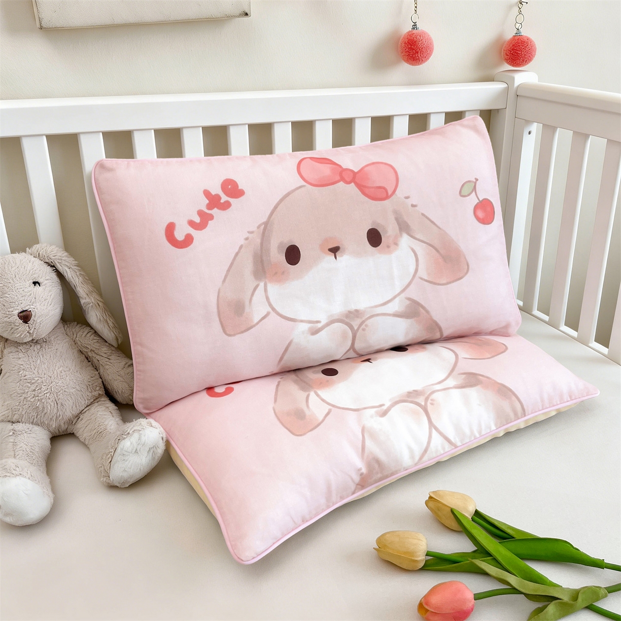 91家纺网 家纺一手货源 找家纺 雯豆家纺 2026新款全棉双层纱布枕套儿童卡通枕芯定位纯棉大版枕头套 双层纱-甜甜兔