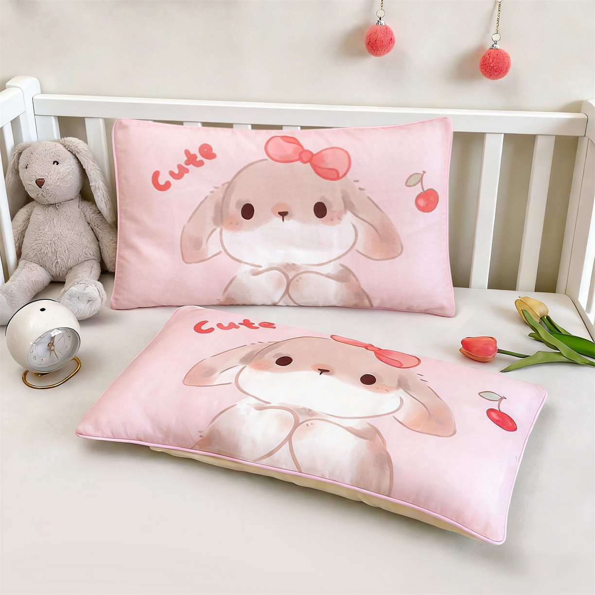 91家纺网 家纺一手货源 找家纺 雯豆家纺 2026新款全棉双层纱布枕套儿童卡通枕芯定位纯棉大版枕头套 双层纱-甜甜兔