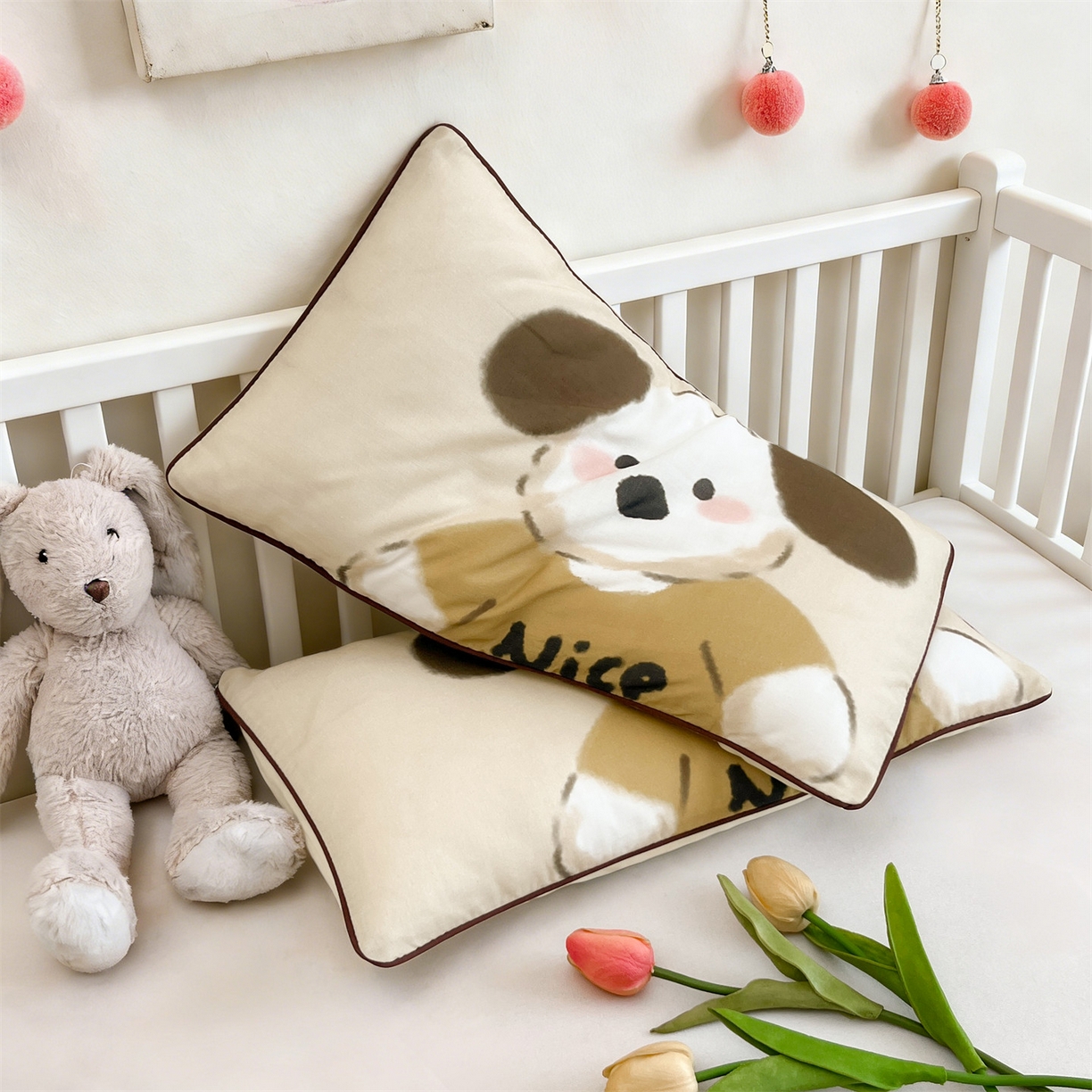 91家纺网 家纺一手货源 找家纺 雯豆家纺 2026新款全棉双层纱布枕套儿童卡通枕芯定位纯棉大版枕头套 双层纱-顽皮狗