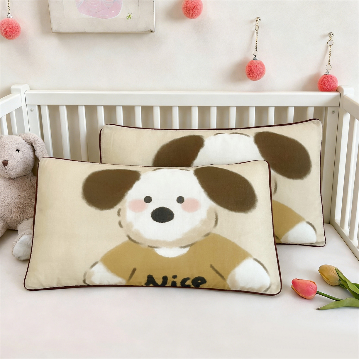 91家纺网 家纺一手货源 找家纺 雯豆家纺 2026新款全棉双层纱布枕套儿童卡通枕芯定位纯棉大版枕头套 双层纱-顽皮狗