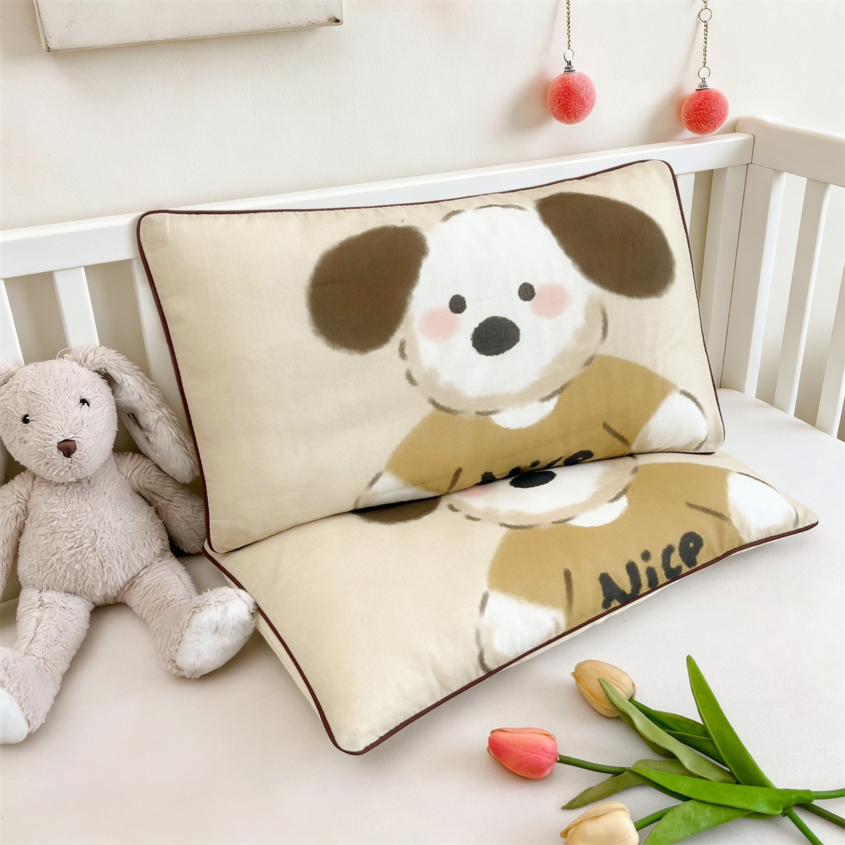 91家纺网 家纺一手货源 找家纺 雯豆家纺 2026新款全棉双层纱布枕套儿童卡通枕芯定位纯棉大版枕头套 双层纱-顽皮狗