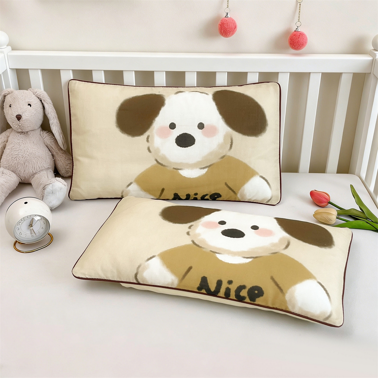 91家纺网 家纺一手货源 找家纺 雯豆家纺 2026新款全棉双层纱布枕套儿童卡通枕芯定位纯棉大版枕头套 双层纱-顽皮狗