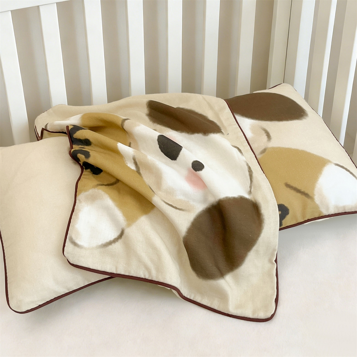 91家纺网 家纺一手货源 找家纺 雯豆家纺 2026新款全棉双层纱布枕套儿童卡通枕芯定位纯棉大版枕头套 双层纱-顽皮狗