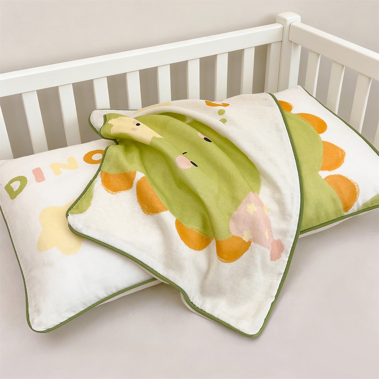 91家纺网 家纺一手货源 找家纺 雯豆家纺 2026新款全棉双层纱布枕套儿童卡通枕芯定位纯棉大版枕头套 双层纱-小恐龙