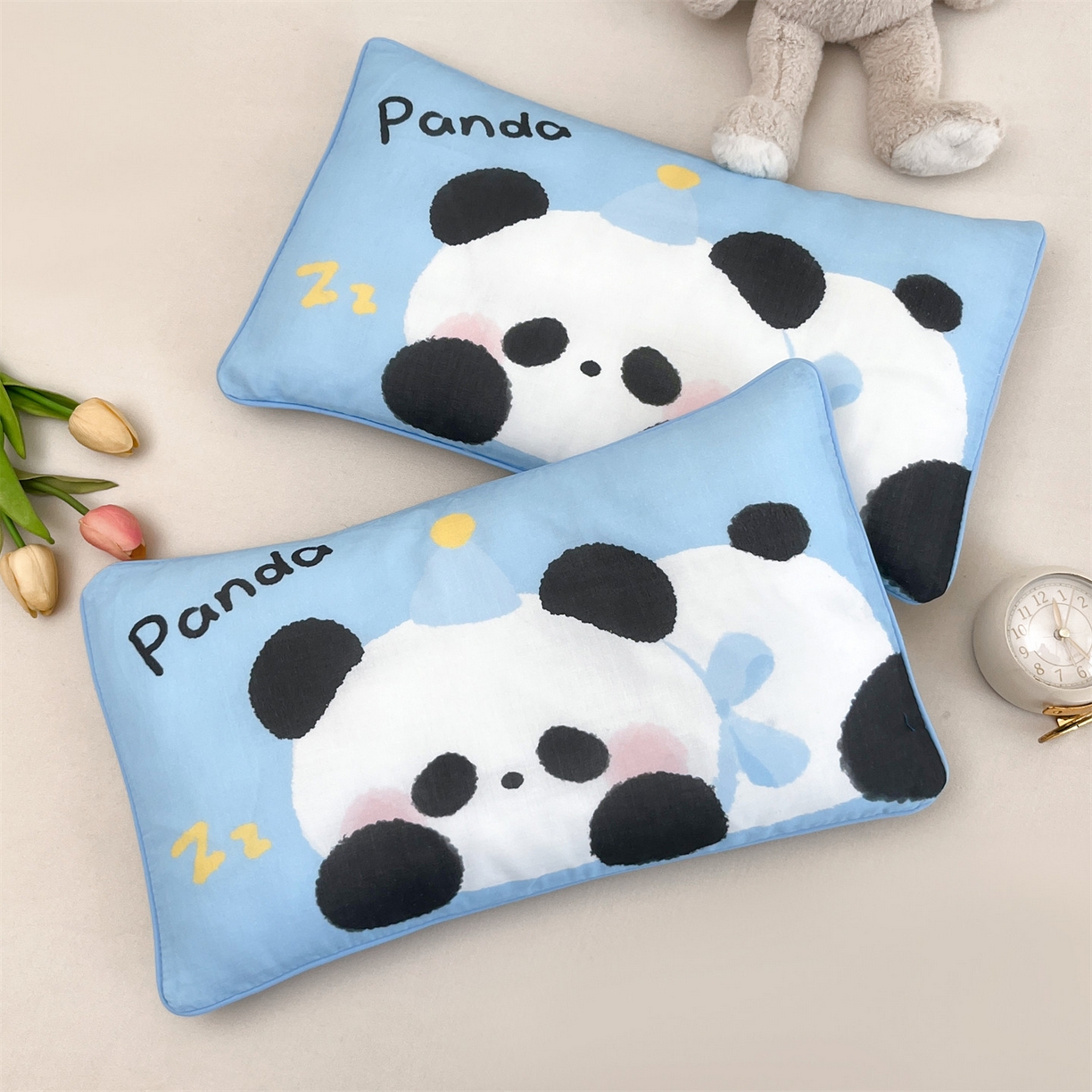雯豆家纺 2026新款全棉双层纱布枕套儿童卡通枕芯定位纯棉大版枕头套 双层纱-小熊猫