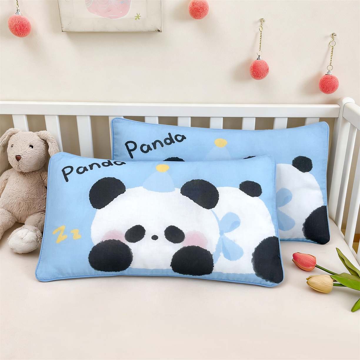 91家纺网 家纺一手货源 找家纺 雯豆家纺 2026新款全棉双层纱布枕套儿童卡通枕芯定位纯棉大版枕头套 双层纱-小熊猫