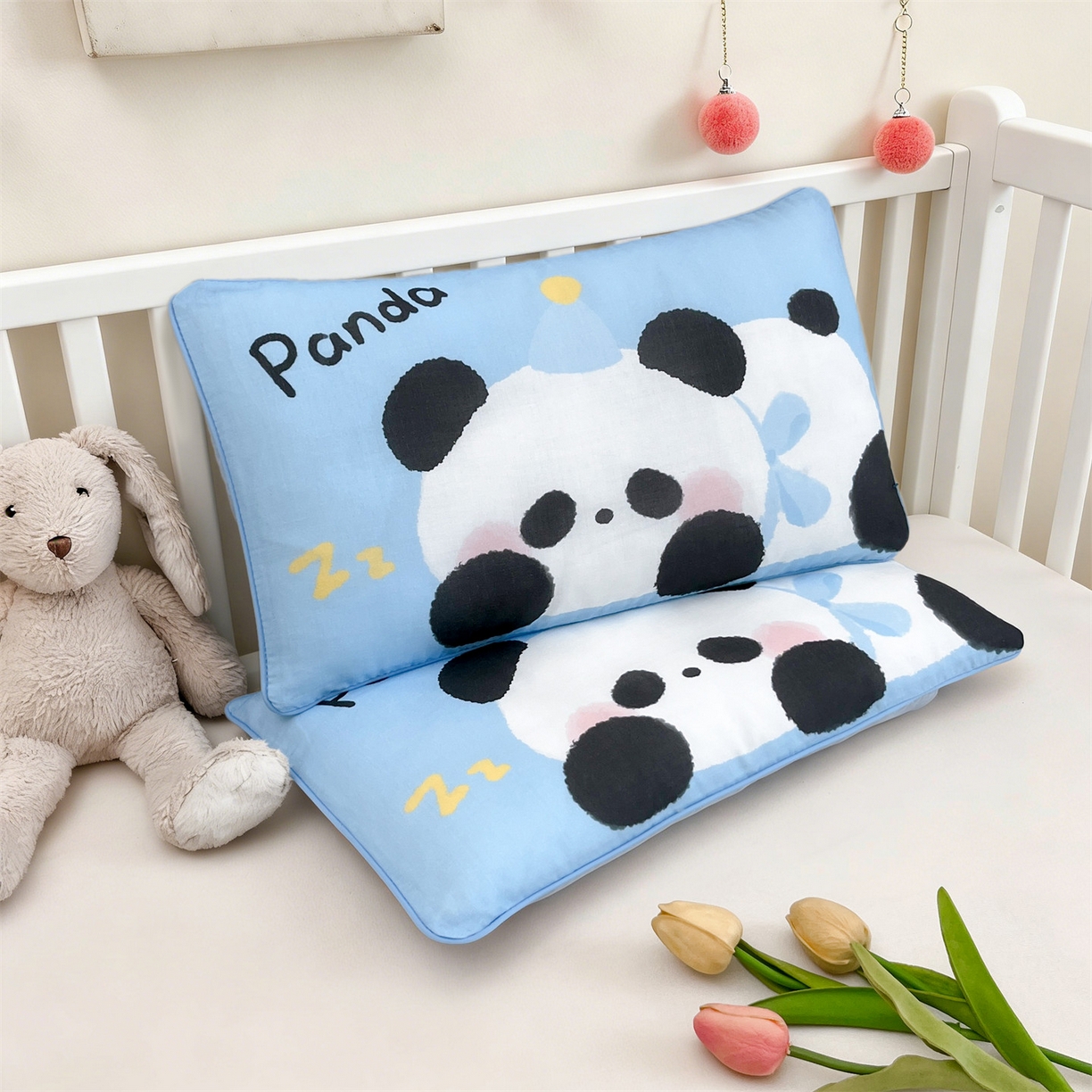 91家纺网 家纺一手货源 找家纺 雯豆家纺 2026新款全棉双层纱布枕套儿童卡通枕芯定位纯棉大版枕头套 双层纱-小熊猫
