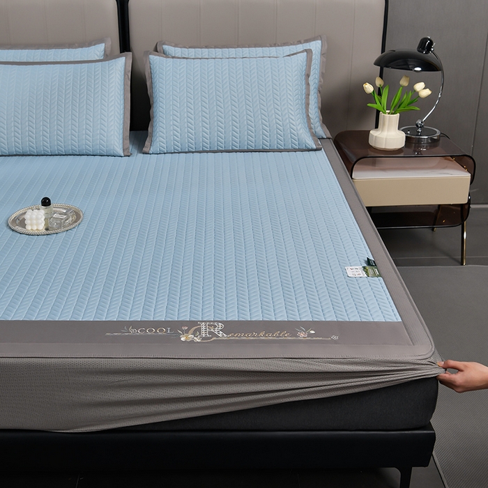 91家纺网 家纺一手货源 找家纺 小牛席业 2026新款CR冷感乳胶席（床笠款）凉席藤席冰藤席竹席空调席草席冰丝席豆豆席乳胶席三件套 CR冷感乳胶席床笠款-冰川蓝