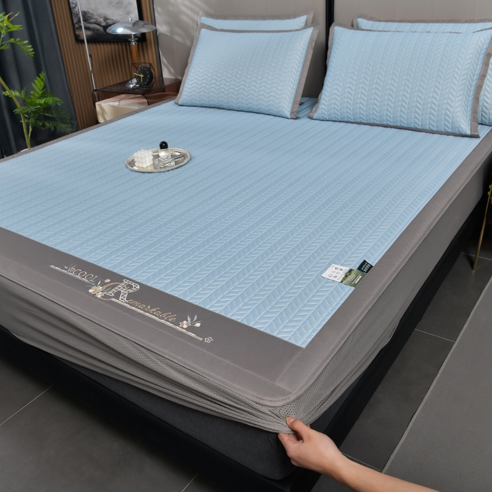 91家纺网 家纺一手货源 找家纺 小牛席业 2026新款CR冷感乳胶席（床笠款）凉席藤席冰藤席竹席空调席草席冰丝席豆豆席乳胶席三件套 CR冷感乳胶席床笠款-冰川蓝