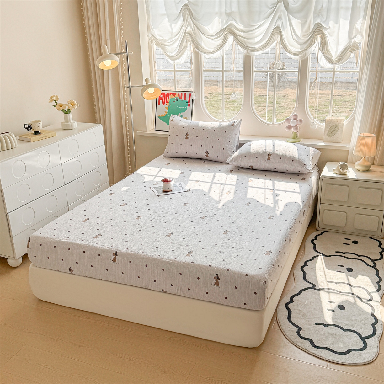 91家纺网 家纺一手货源 找家纺 （总）雯豆家纺 2026春夏新款色织提花单层床笠三件套印花小清新卡通床罩