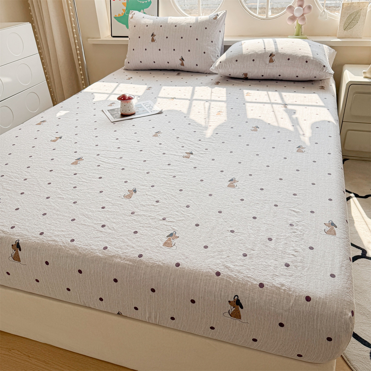 91家纺网 家纺一手货源 找家纺 （总）雯豆家纺 2026春夏新款色织提花单层床笠三件套印花小清新卡通床罩